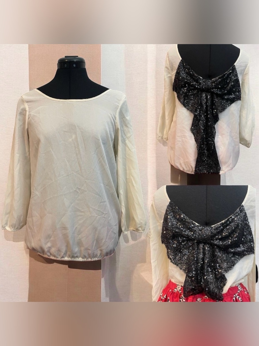 Rue21 Cream Long Sleeve Top with Black Sequin Bow Back
